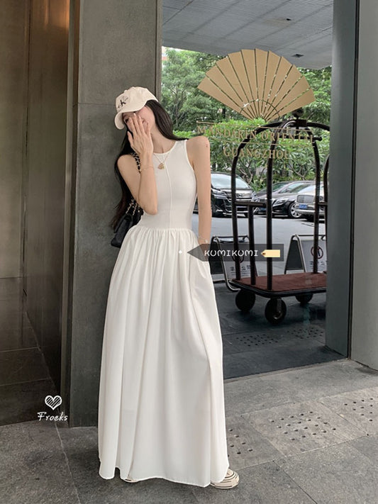 French-style white vest skirt sleeveless temperament dress female 2023 spring design sense long skirt waist slimming skirt