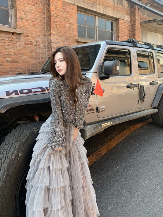Autumn French tea break, small fragrance, salty style, light and mature, high-end wear, temperament, socialite, net gauze skirt, two-piece suit for women
