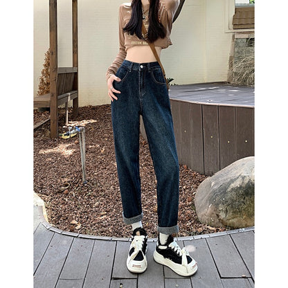 High waist loose washed jeans women's autumn and winter Korean version 2022 new dark color thin all-match straight trousers ins