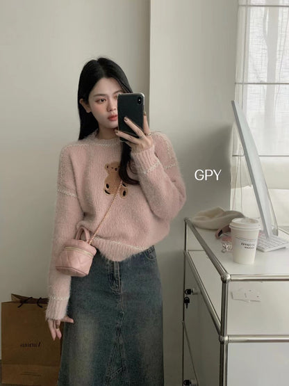 GPY autumn and winter 2022 new cute embroidered bear sweater mink fur soft round neck pullover sweater versatile