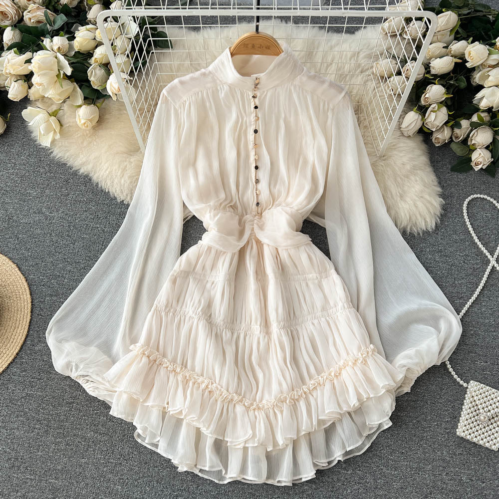 Spring and Autumn French Sweet Temperament Dress Female Waist Slim Chic Ruffles Stand Collar Princess Fairy Petit Skirt
