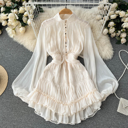 Spring and Autumn French Sweet Temperament Dress Female Waist Slim Chic Ruffles Stand Collar Princess Fairy Petit Skirt