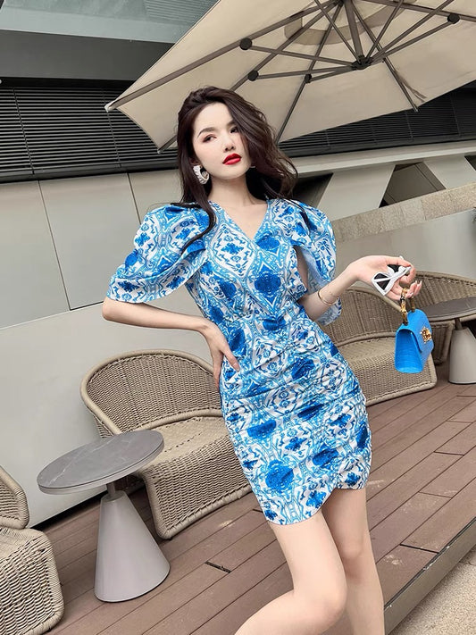 European station small fresh blue print dress temperament celebrity style puff sleeves chic unique skirt summer women