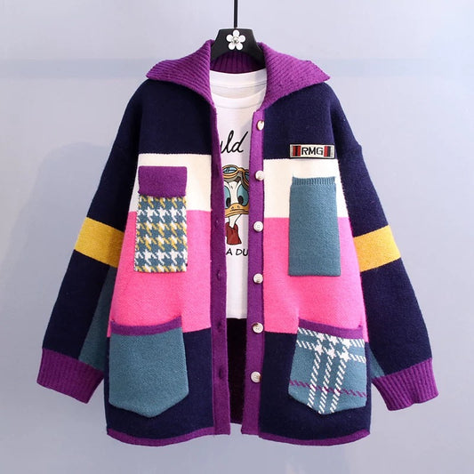 Contrast color stitching sweater coat women's 2022 autumn new loose outer wear fashion lazy style thickened knitted cardigan