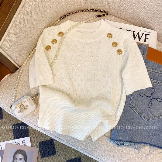 Metal buckle retro small fragrance short-sleeved ice silk sweater summer 2023 new women's clothing foreign style beautiful short top