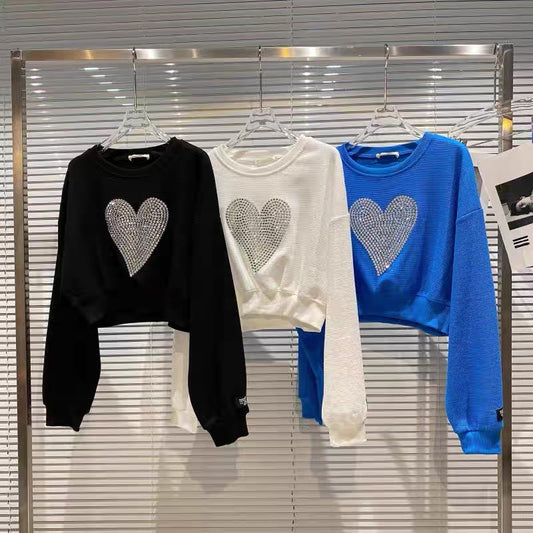 Net red with the same paragraph 2022 autumn new large particles love rhinestone hot diamond pattern small short pullover sweater top