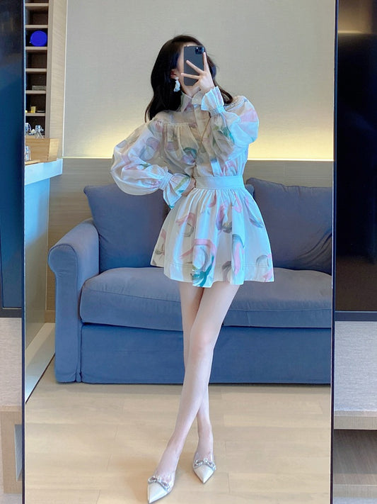 Autumn new women's suit 2021 summer temperament lantern sleeve shirt loose waist slimming a-line skirt skirt 2033