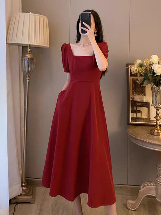 Red Dress Women 2022 Summer New Square Neck French Retro Temperament Slim Long Dress Puff Sleeve Engagement Dress