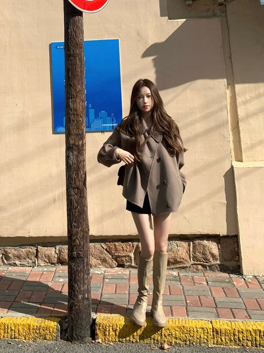 COOLLINE Lin Zixi Busan Sunset Classic Elephant Gray Short Double-sided Wool Coat Pure Wool Coat Women