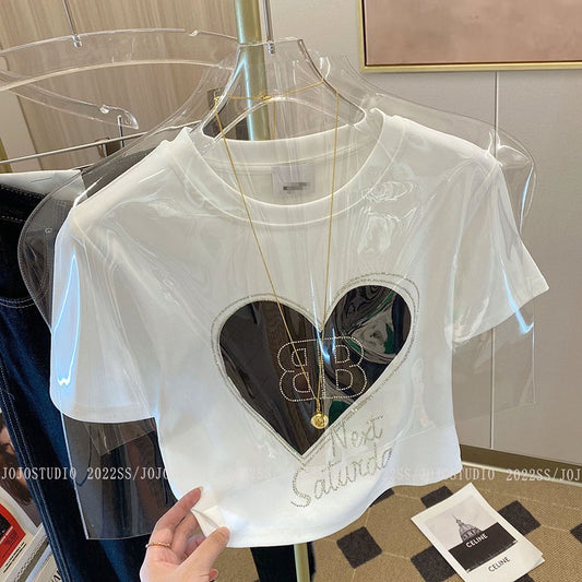 Korean version of the new color contrast love unique short T-shirt female 2023 design sense diamond chic chic short-sleeved top female summer