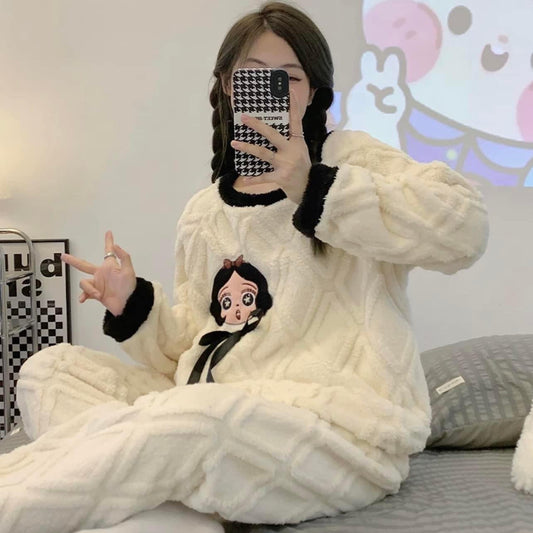 2022 new coral fleece pajamas women's autumn and winter thickened cute cartoon flannel home clothes casual suit winter