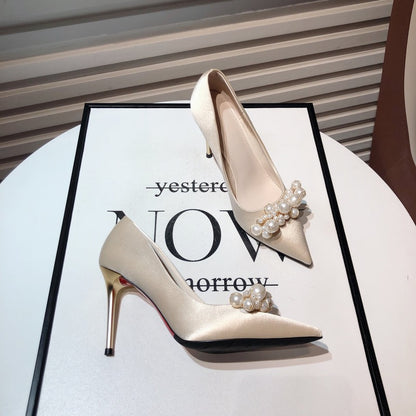 Satin high-heeled dress shoes 2022 autumn new Korean style French fairy style pearl pointed toe stiletto single shoes wedding shoes