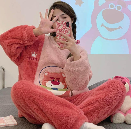 2022 new coral fleece pajamas women's autumn and winter thickened cute cartoon flannel home clothes casual suit winter