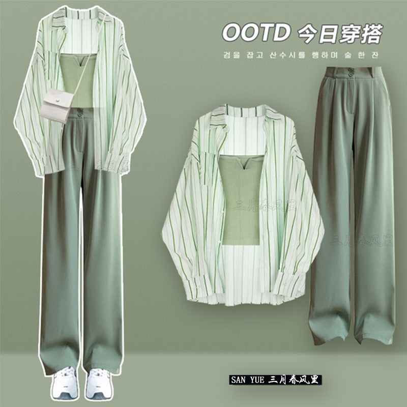 2023 new mint green small fresh casual sunscreen shirt with suit wide-leg pants suit women's summer three pieces