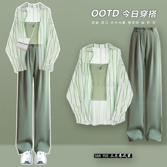 2023 new mint green small fresh casual sunscreen shirt with suit wide-leg pants suit women's summer three pieces
