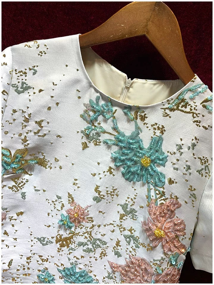 French retro jacquard heavy industry beading small short-sleeved thin temperament high-end dress female 2022 new