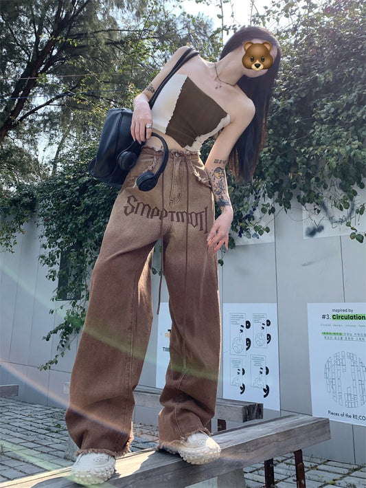 American retro gradient color drawstring straight jeans women's spring ins tide raw high waist wide leg pants trousers