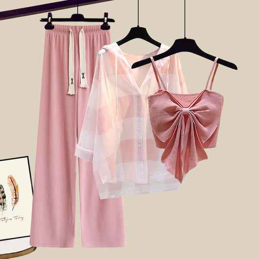 Summer matching suit sweet camisole sunscreen shirt wide-leg pants net red fried street high-end summer three-piece suit