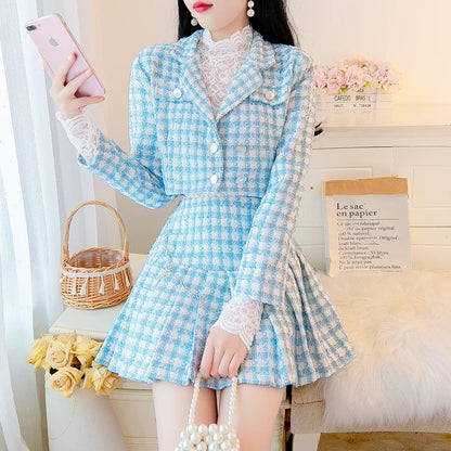 Xiaoxiangfeng suit temperament ladies 2022 autumn new high-end tweed short jacket pleated skirt two-piece set