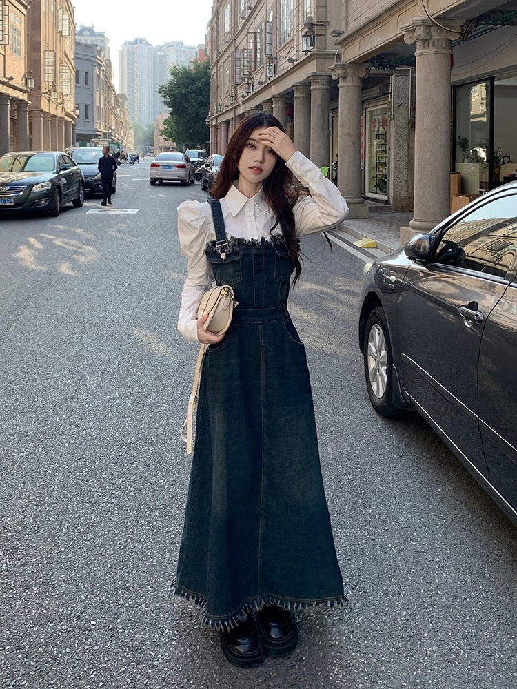 Retro strap denim dress women's spring 2023 new a-line tassel high-quality mid-length skirt