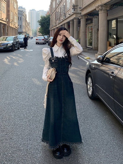 Retro strap denim dress women's spring 2023 new a-line tassel high-quality mid-length skirt