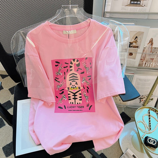 Pink t-shirt women's summer loose Korean version of pure cotton tiger fashion foreign style age reduction design sense niche tops ins tide