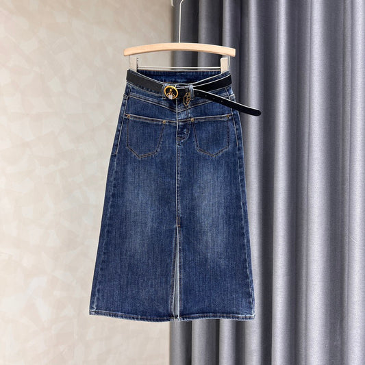 Front slit denim skirt women's 2022 autumn new style thin all-match high waist a-line bag hip dress