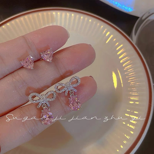 SUGAR sweet and cool pink zircon bow stud earrings ins simple design super flash love ear bone stud earrings female