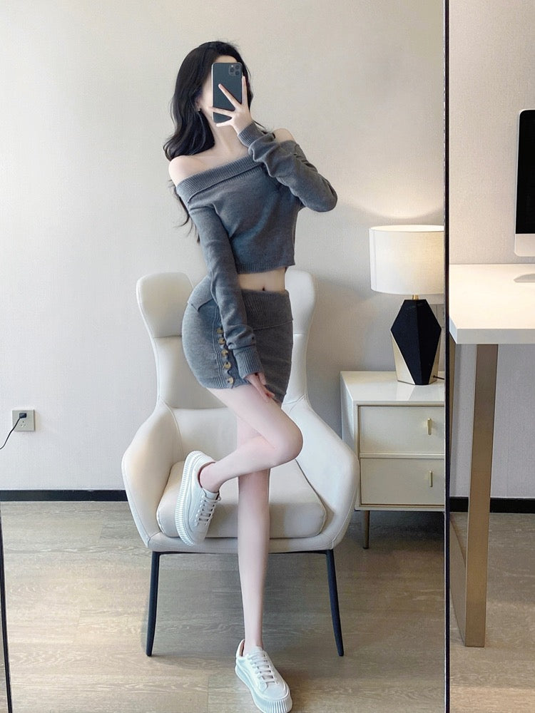 Knitted suit women's two-piece suit 2023 spring and autumn new temperament ladies one-shoulder hot girl sexy bottoming sweater skirt