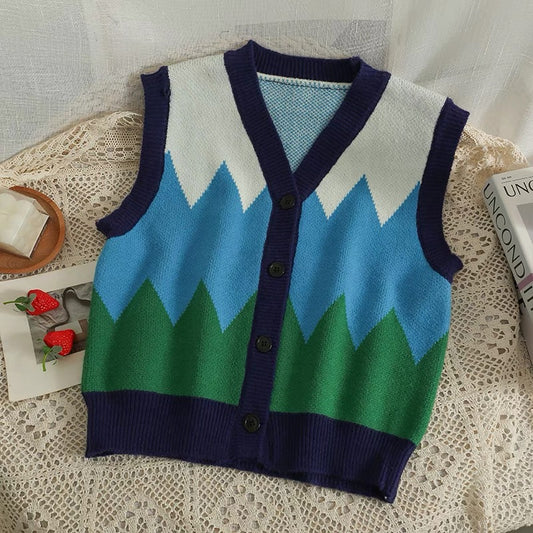 Korean version color matching short single-breasted cardigan V-neck vest women's 2022 new outer wear thin sleeveless knitted vest