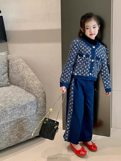 Original Girls Children's Clothing Autumn Small Fragrance Fashionable Suit Children's Baby Autumn Clothing Denim Sequin Jacket Wide Leg Pants