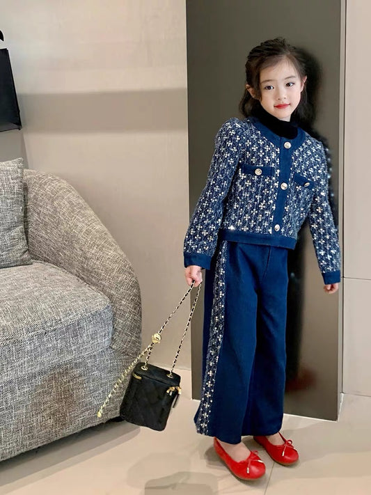 Original Girls Children's Clothing Autumn Small Fragrance Fashionable Suit Children's Baby Autumn Clothing Denim Sequin Jacket Wide Leg Pants