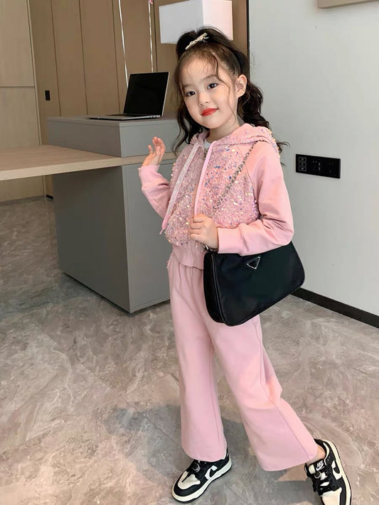Original girls' clothing autumn fashion sequin suit new children's middle and big children hooded zipper shirt coat wide leg pants