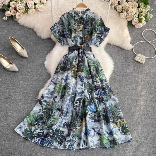 Summer light and familiar style lapel waist slimming single-breasted ink painting printed a-line dress elegant big swing long skirt