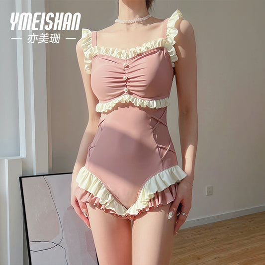 Yimeishan Swimsuit Women's Hot Spring 2023 New Conservative Cover Belly and Slim Girl Net Red Wind One-Piece Swimsuit