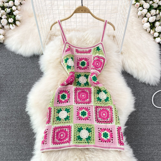 2023 Summer Seaside Vacation Beach Suspender Dress Fashion Backless Sleeveless Color Needle Hollow Crochet Knitting Dress