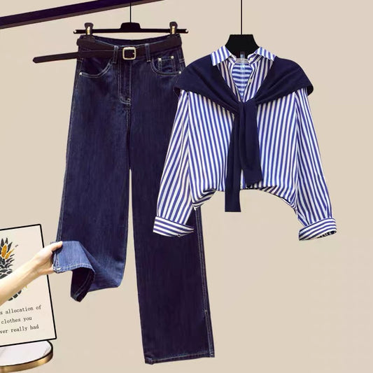 Autumn salt fried street wear suit 2022 new women's autumn shawl shirt jeans two-piece trend