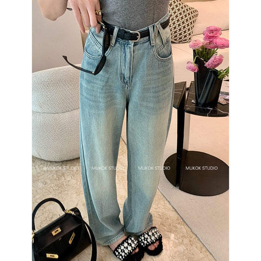 MUKOK Retro Blue Straight Jeans Women 2023 Spring New High Waist Drape Casual Wide Leg Mopping Trousers