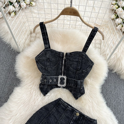Fashion suit hot girl zipper denim camisole two-piece denim shorts high waist wide leg a-line hot pants