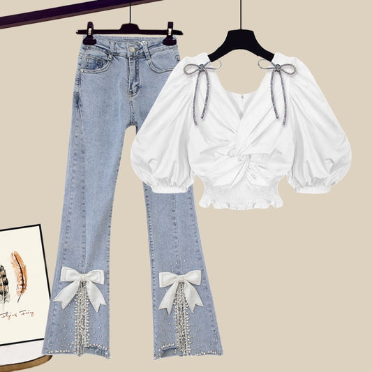 Frosty women's high-end suit women's summer bow shirt design sense niche wide-leg pants two-piece set women's summer