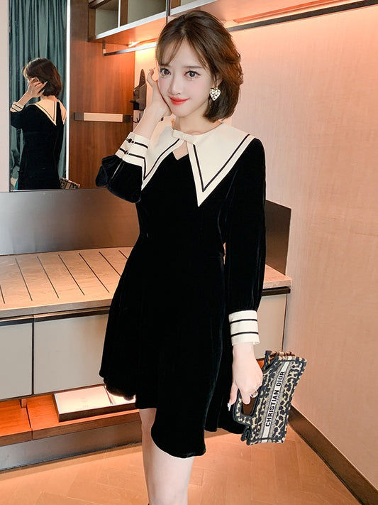 MIUCO Contrasting Lapel Collar Waist Slim A-line Umbrella Swing Temperament Velvet Dress Women's Clothes【Spot】