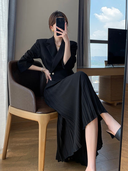 Guoge customized black dress female 2023 spring new suit collar waist thin temperament fake two pleated skirts