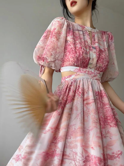 Aconiconi｜Sakura Luo French Art Print Aesthetic Atmosphere High Design Sense Showing Waist Long Dress