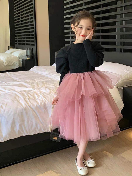 Original girls' knitted wool skirt 2022 autumn and winter long-sleeved children's clothing Western style dress children's princess mesh skirt