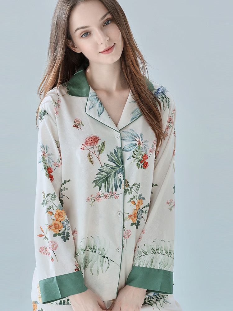 IIZZINI Original Pajamas Women's Spring and Autumn Long-sleeved Ice Silk Chinese Style Yellow Rose Printed Trousers Homewear Set