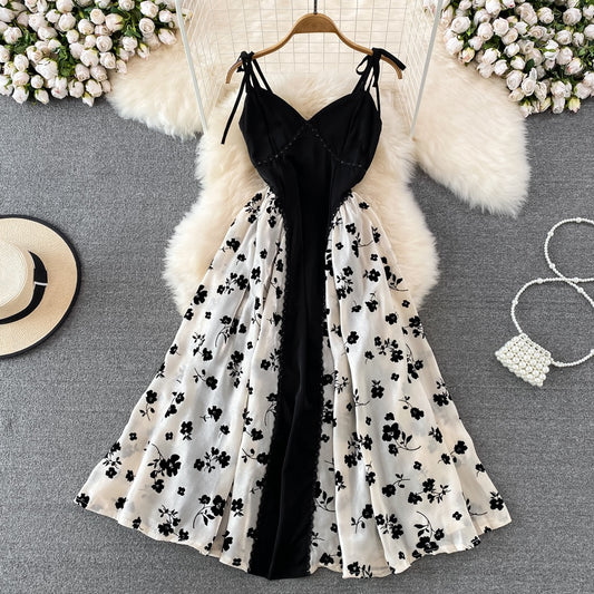 Summer celebrity temperament hit color floral suspender skirt French retro waist slimming sleeveless a-line large swing dress