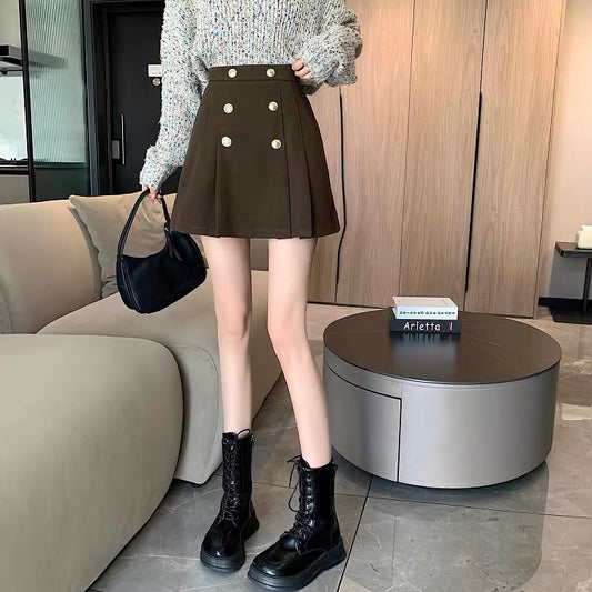A-line skirt women's autumn and winter popular small tall waist thin woolen anti-light pleated short skirt this year