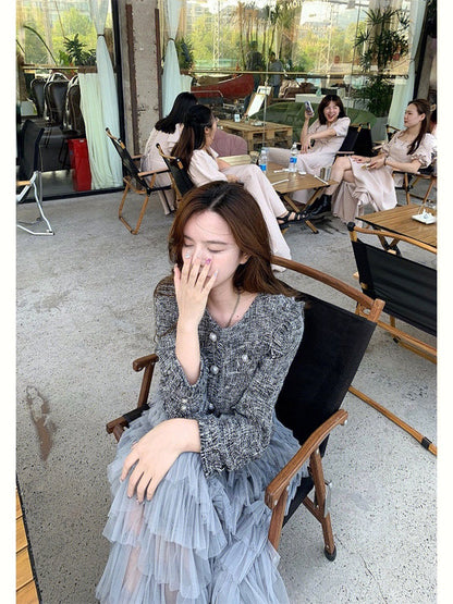 Autumn French tea break, small fragrance, salty style, light and mature, high-end wear, temperament, socialite, net gauze skirt, two-piece suit for women