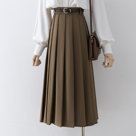 Khaki pleated skirt 2022 autumn and winter new high waist a-line skirt women's spring and autumn mid-length skirt skirt