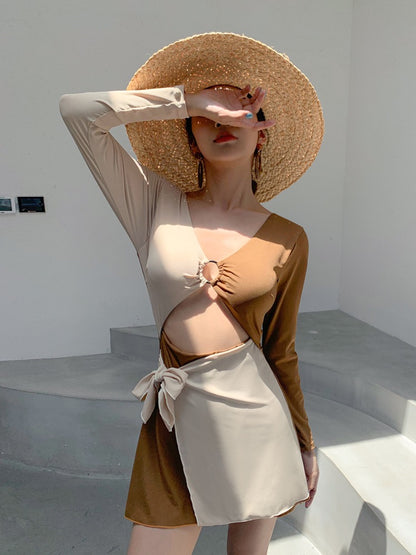 Jinzhu swimsuit women's conjoined 2022 new hot style slimming cover belly small chest conservative long-sleeved hot spring bathing suit